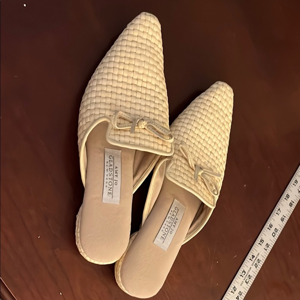Amy Gladstone Cream Mules with Woven Texture